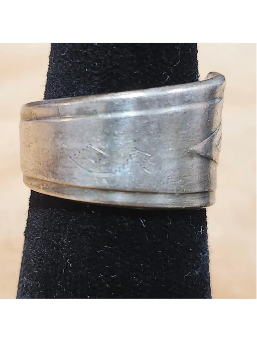 Aged Engraved S Spoon Handle Ring Size 8